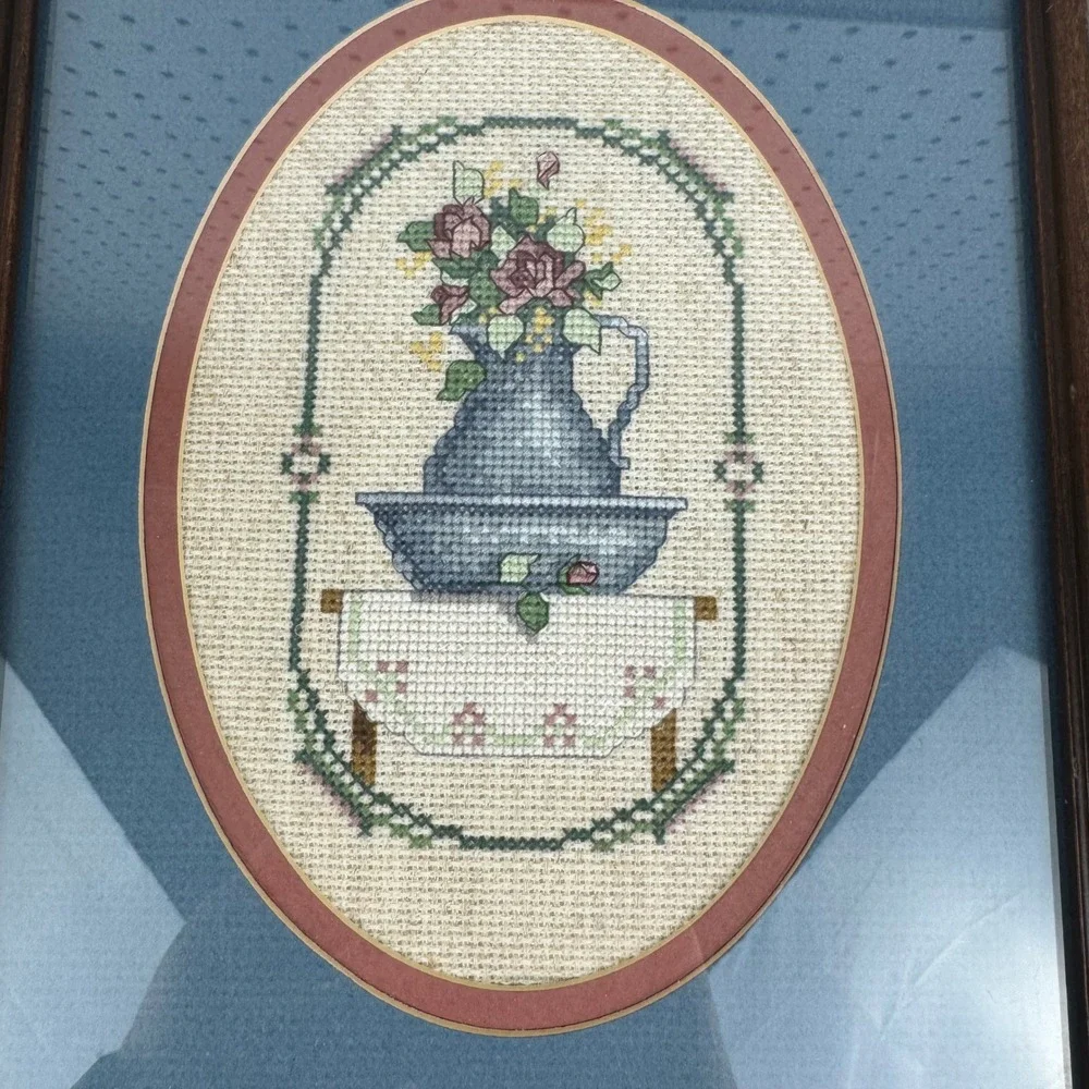 Vtg 1990 Handmade Cross Stitch Blue Pitcher Basin Framed Wall Art Cottage